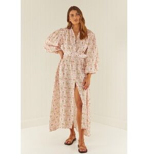 NWT palm noosa noddy linen dress hibiscus tiles 6 xs